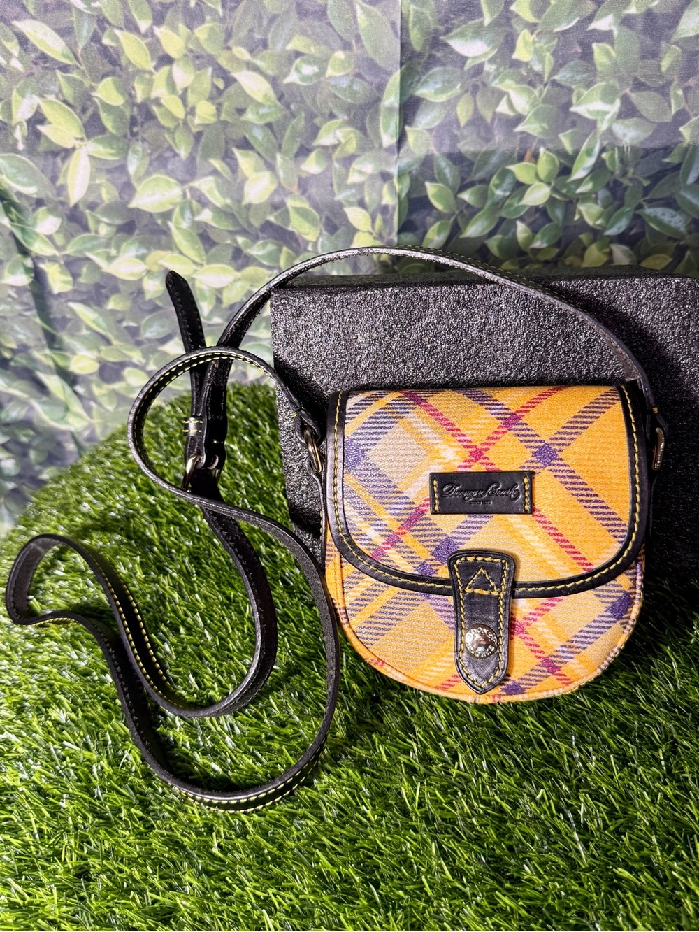 Vintage Dooney & Bourke Yellow plaid Tartan Crossbody Saddle Cross purse